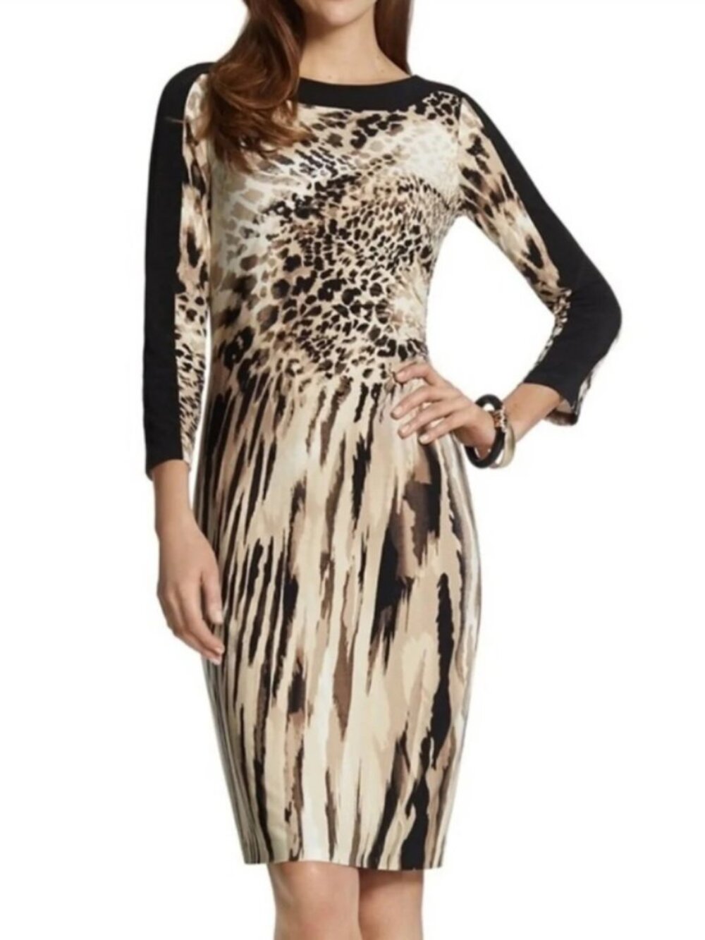 Chico's Animal Print Colorblock Dress With Ruched Side Size 4 (20)